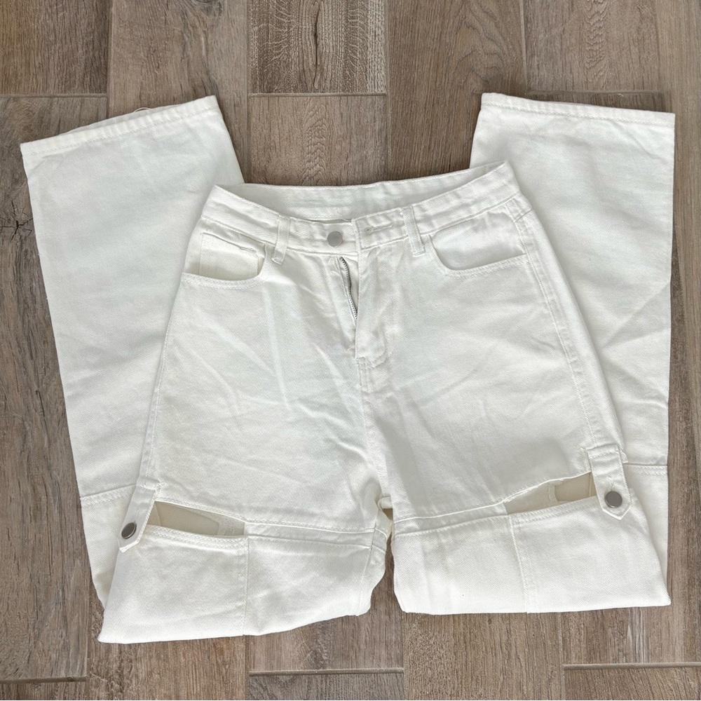 White cargo pants with cut-out/ button details
